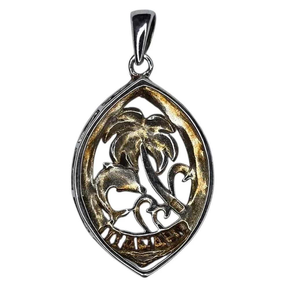 Hawaii Pendant Sterling Silver Lab Opal Blue White Tropical Palm Dolphin Hawaii